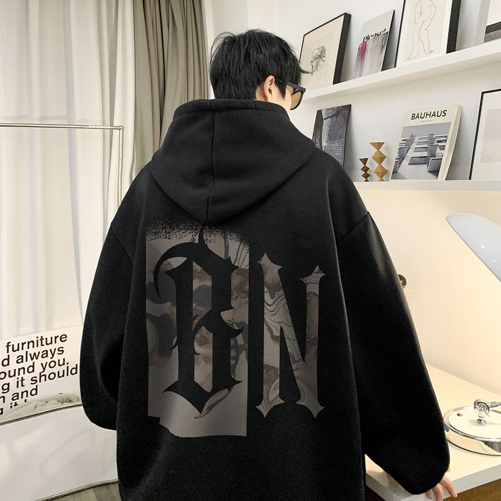 美式重磅連帽衛衣男生秋冬季寬鬆高級感ins潮牌加絨加厚硬挺外套