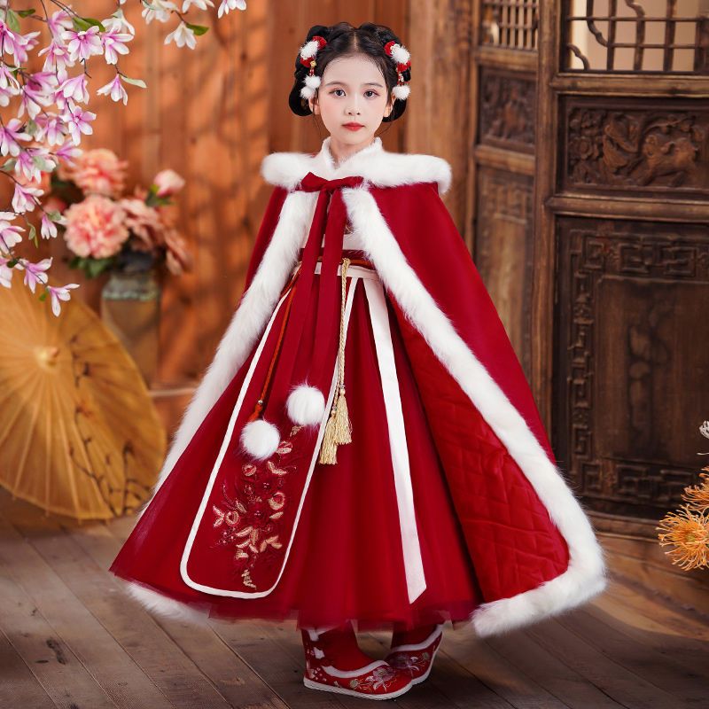 Winter girls' Hanfu New Year's clothing for baby girls winter festive warm thickened cloak long dress super fairy Hanfu
