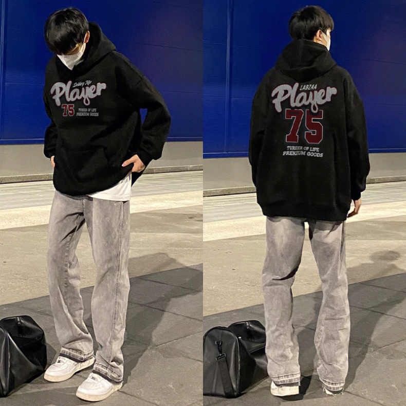 美式街頭字母印花加絨連帽衛衣男秋冬季ins潮牌上衣寬鬆高街外套