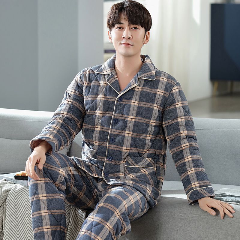 南極人睡衣男冬季純棉夾棉家居服秋冬款加厚中老年人爸爸冬天套裝