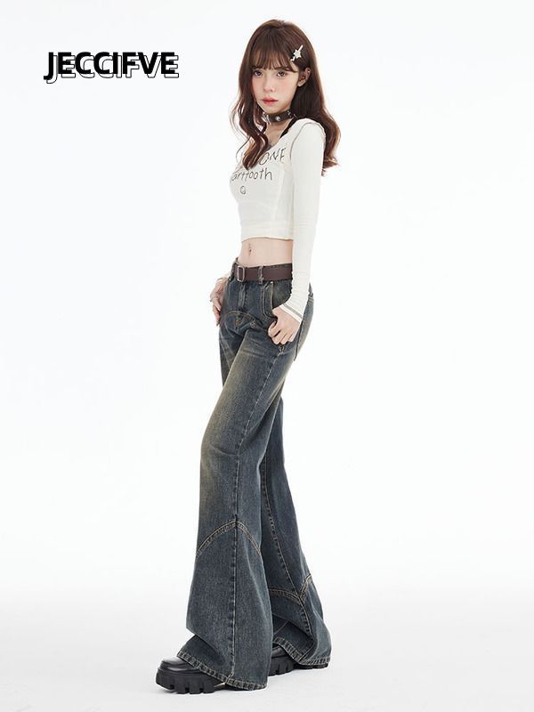 JECCIFIVE美式復古高腰牛仔褲男女2023新款小眾寬鬆高級感微喇褲