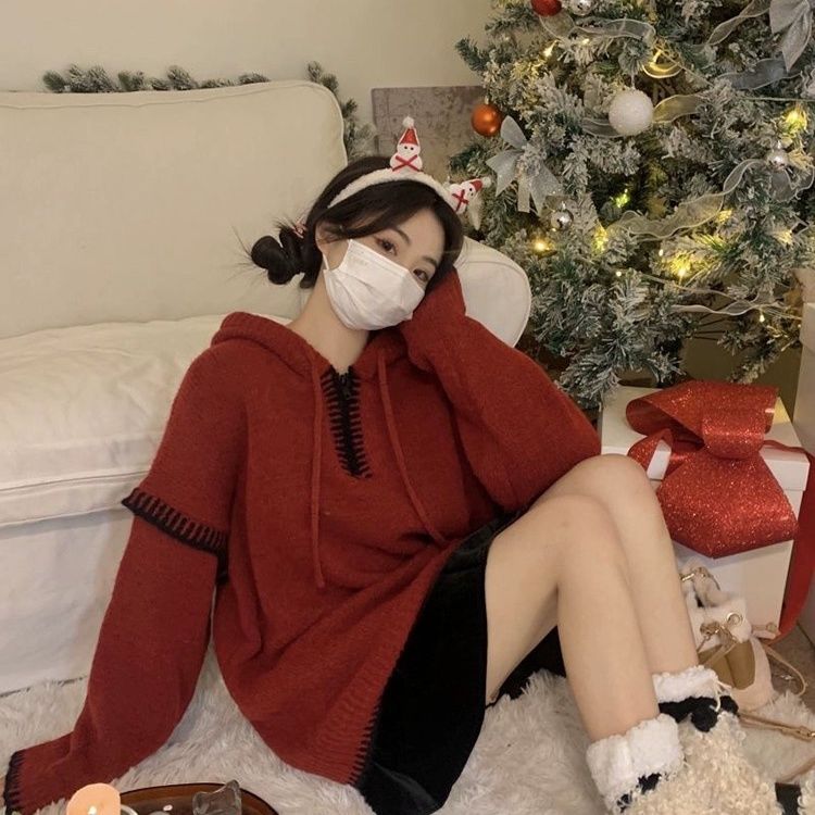聖誕紅色連帽毛衣女秋冬2023新款小眾設計感慵懶寬鬆軟糯針織衛衣