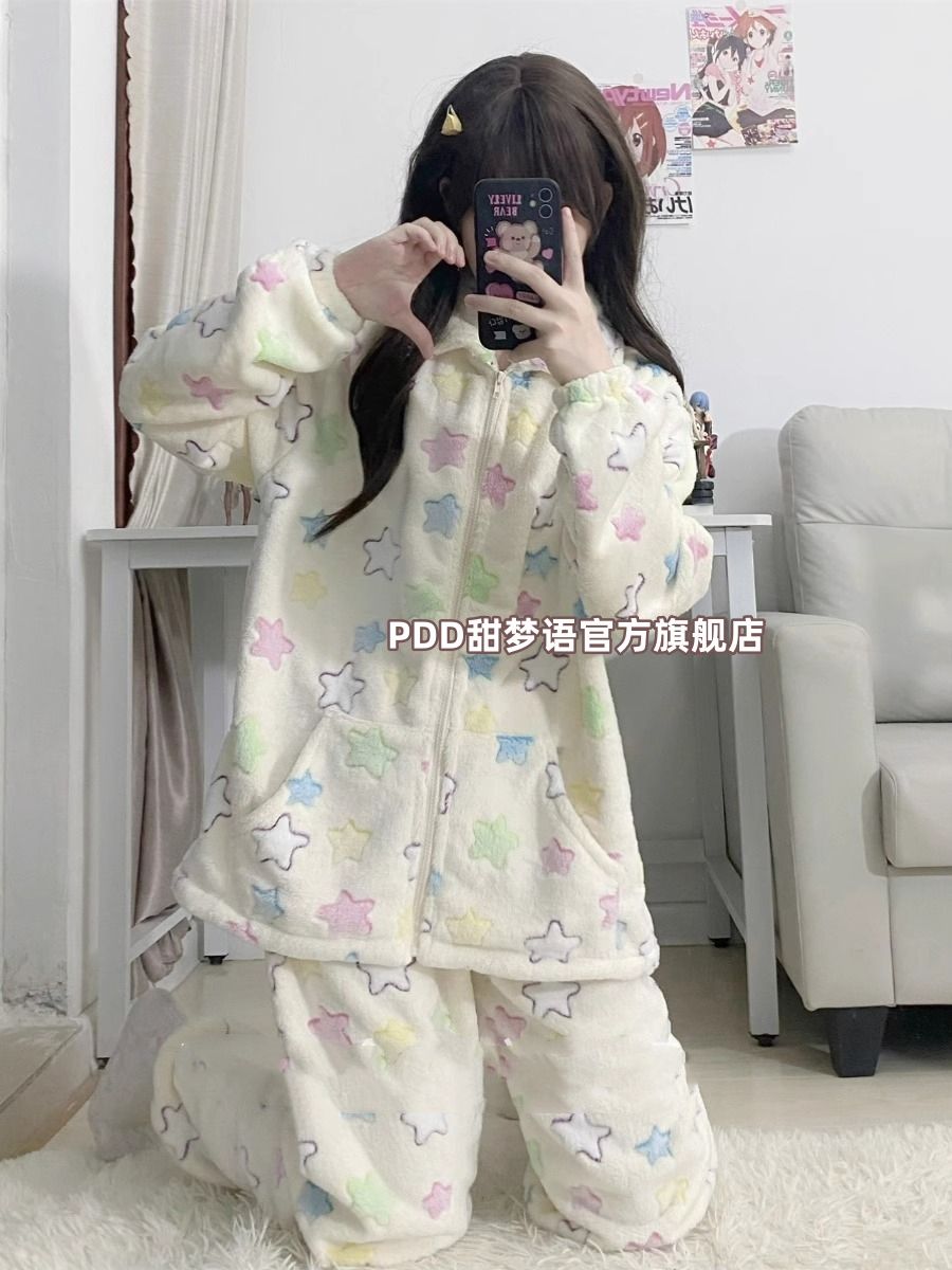 冬天法蘭絨睡衣女秋冬款網紅風甜美少女外穿保暖珊瑚絨家居服套裝