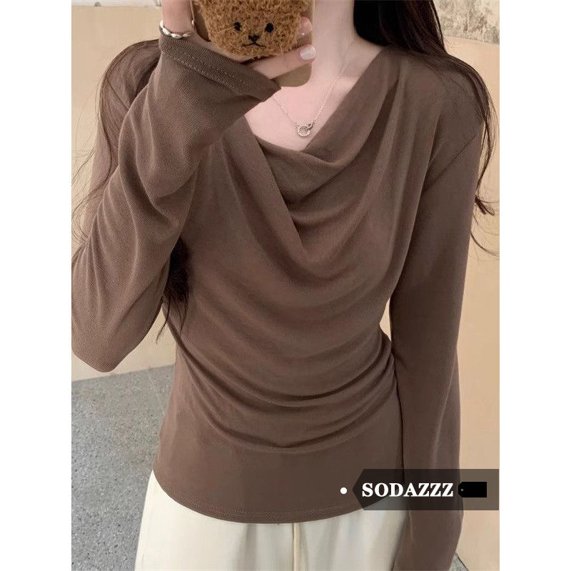 SODAZZZ純欲溫柔風打底衫女秋冬設計感不規則修身百搭褶皺T恤上衣