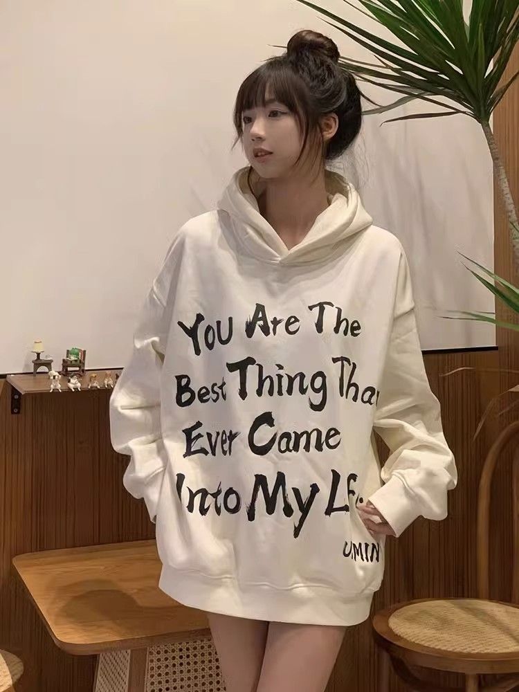 慵懶風連帽衛衣女秋冬新款hiphop寬鬆字母印花加絨情侶上衣外套潮