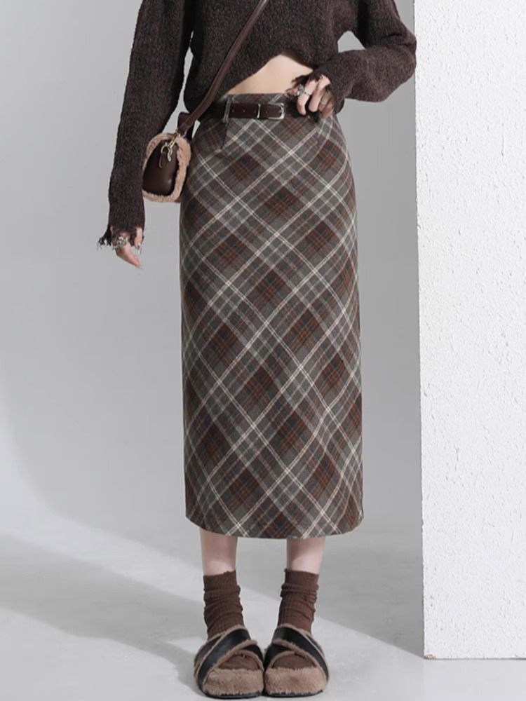 Woolen retro plaid skirt  autumn and winter new slim A-line high-waist skirt slit mid-length one-step