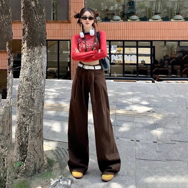 KRO深咖色休閒牛仔褲女2023褶皺設計秋季寬鬆顯瘦高腰闊腿拖地褲