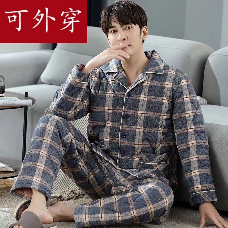 男士睡衣純棉秋冬款全棉夾棉加厚保暖冬季中老年人爸爸家居服套裝