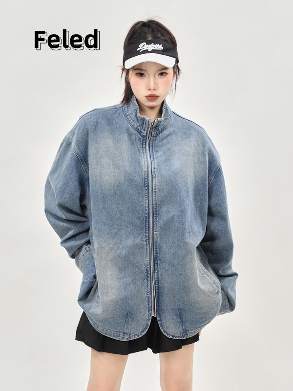 飛拉丹頓美式復古秋冬新款立領水洗做舊牛仔夾克男女高街百搭外套