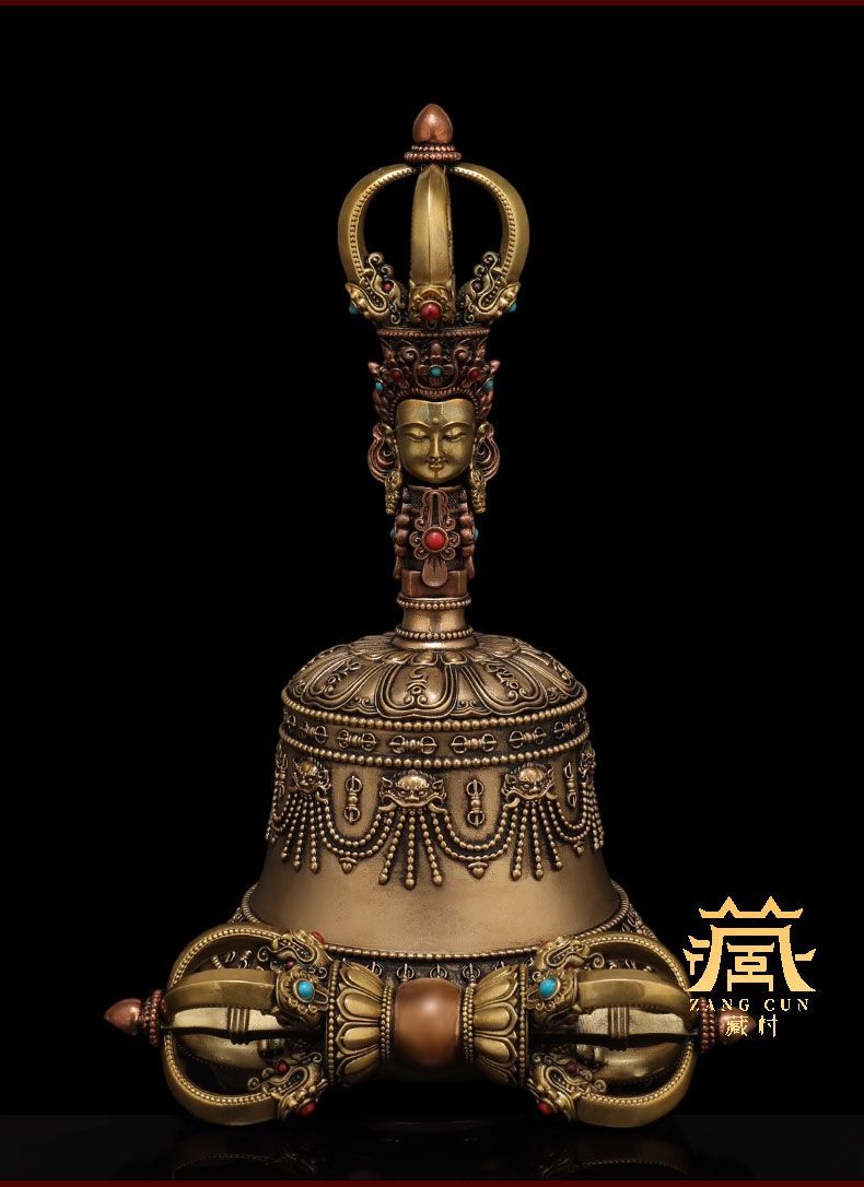 藏村五股金刚铃杵铜雕花镶宝石手摇铃铛五股铜铃铛家用桌面摆件 detail 12