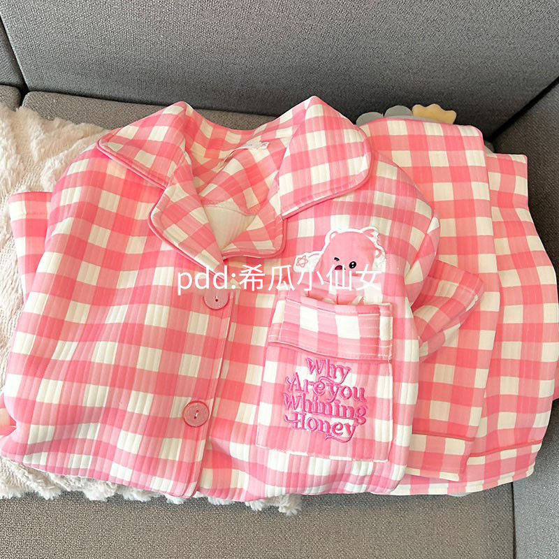 ins風可愛海狸loopy格子睡衣女春秋季新款長袖學生宿舍家居服套裝