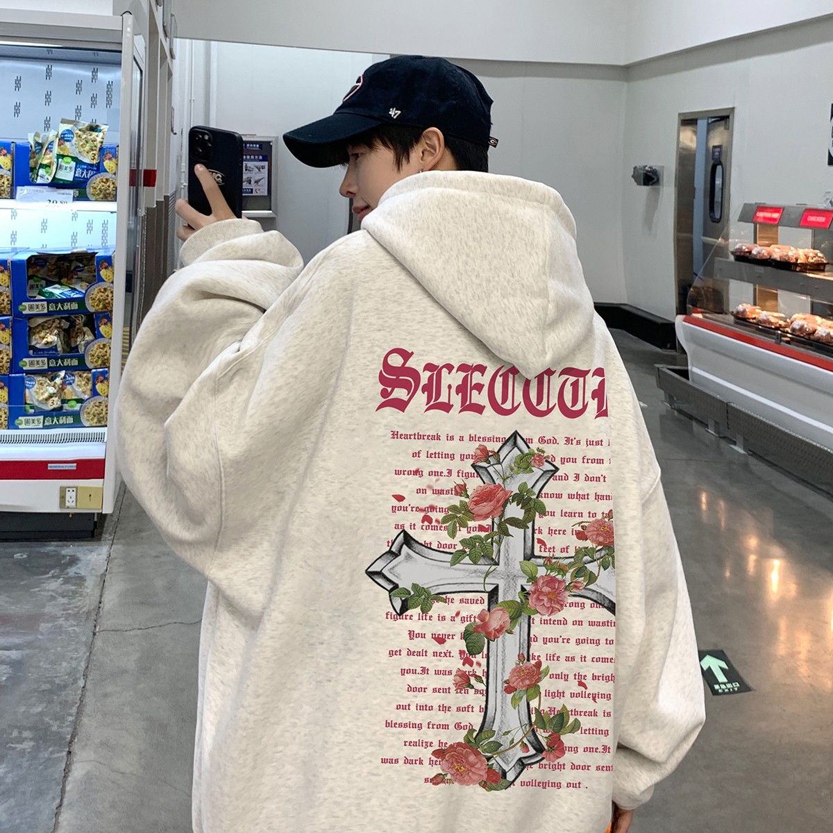 美式復古重磅加絨連帽衛衣男秋冬款潮牌oversize寬鬆玫瑰印花外套
