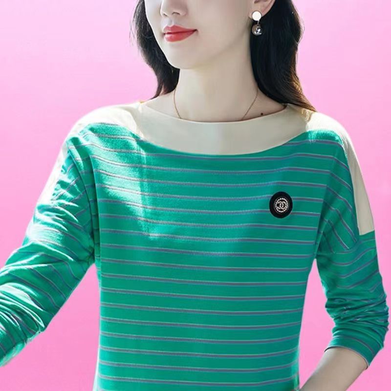 撿漏~尾單大牌條紋長袖t恤女春秋洋氣減齡女打底寬鬆圓領上衣