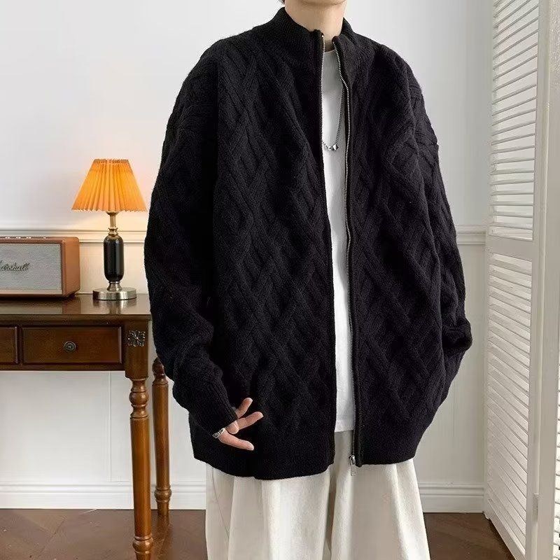 Round neck zippered cardigan for men's spring and autumn simple casual knit jacket loose versatile solid color sweater_voghion.com