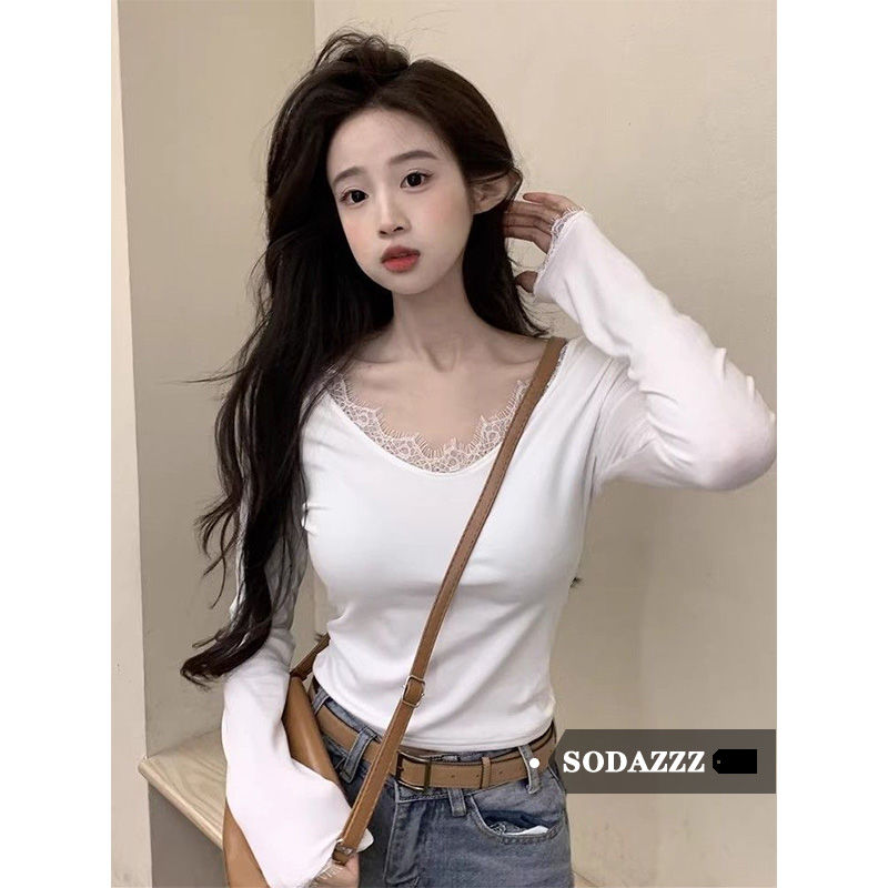 SODAZZZ韓版設計感V領蕾絲拼接t恤女秋冬季修身顯瘦長袖打底衫ins