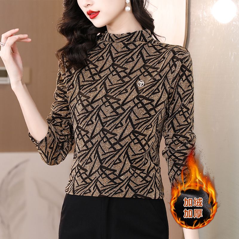 半高領長袖打底衫女加絨加厚秋冬季保暖時尚百搭減齡洋氣小衫上衣