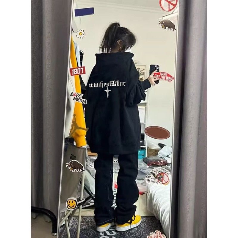 美式復古印花加絨加厚連帽衛衣女秋冬季韓版寬鬆學院風長袖上衣服