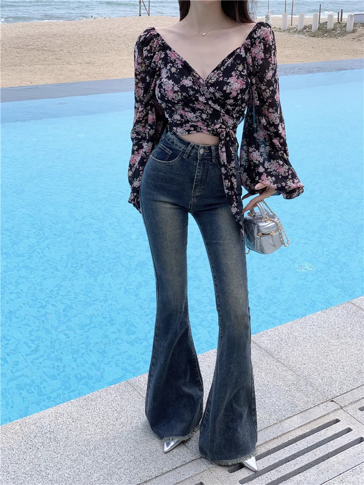 辣妹復古氣質毛邊大喇叭牛仔褲女小個子修身彈力時髦馬蹄拖地長褲