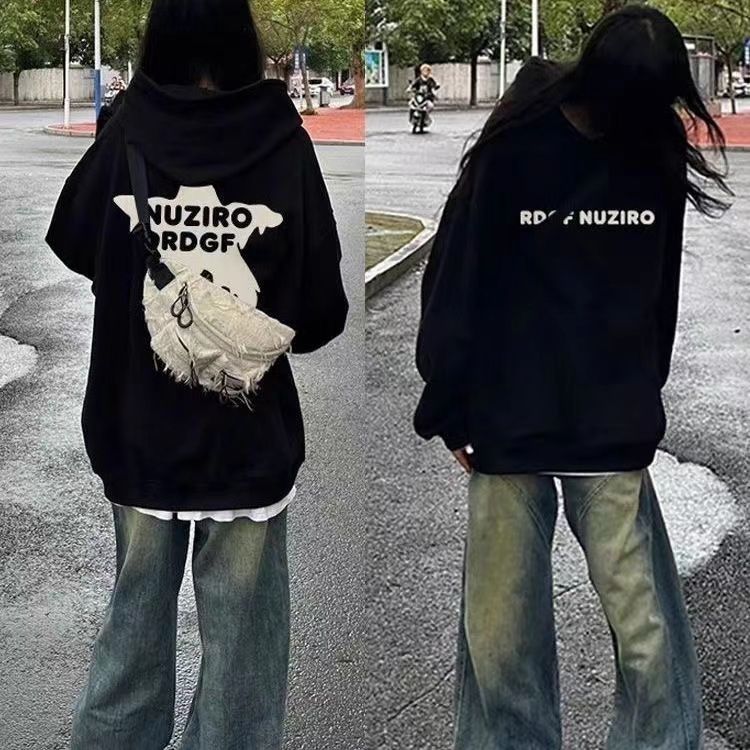 國潮牌oversize連帽衛衣女春秋冬加絨加厚情侶上衣外套美式復古潮