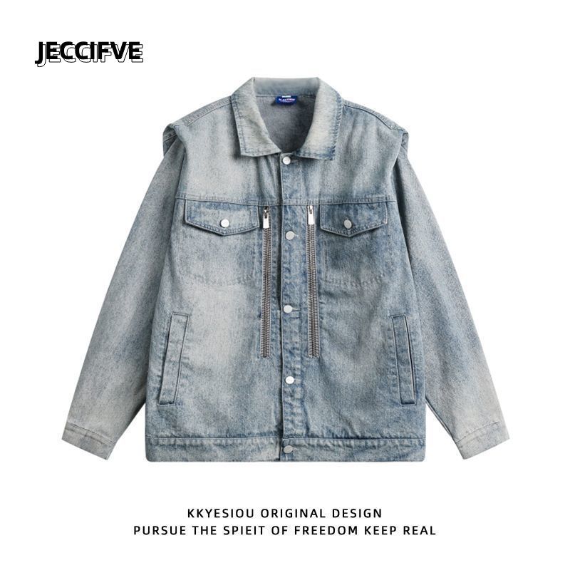 JECCIFIVE简约高级感做旧拉链小众设计感美式复古牛仔夹克ins外套