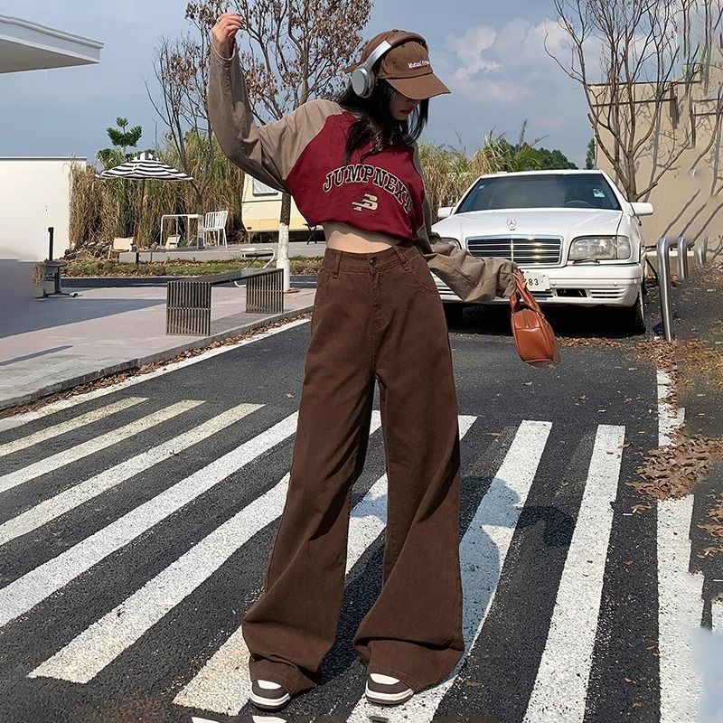 弄格2023秋冬新款加絨高腰直筒牛仔褲女顯瘦顯高寬鬆拖地闊腿褲子