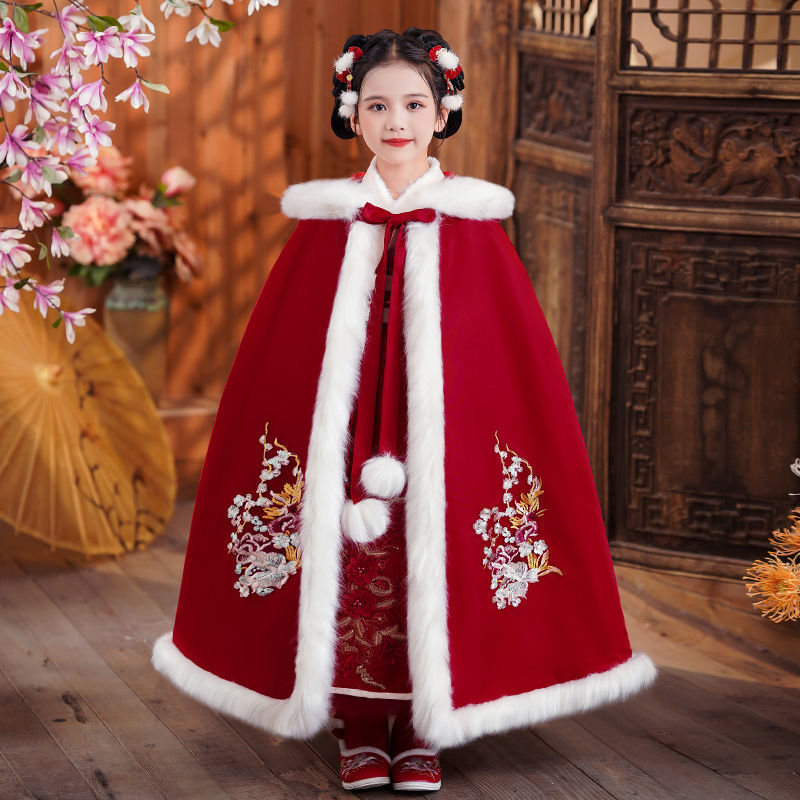 Girls' Hanfu winter costume New Year's greetings clothes plus velvet and thickened children's Chinese style skirt girls ancient style dress