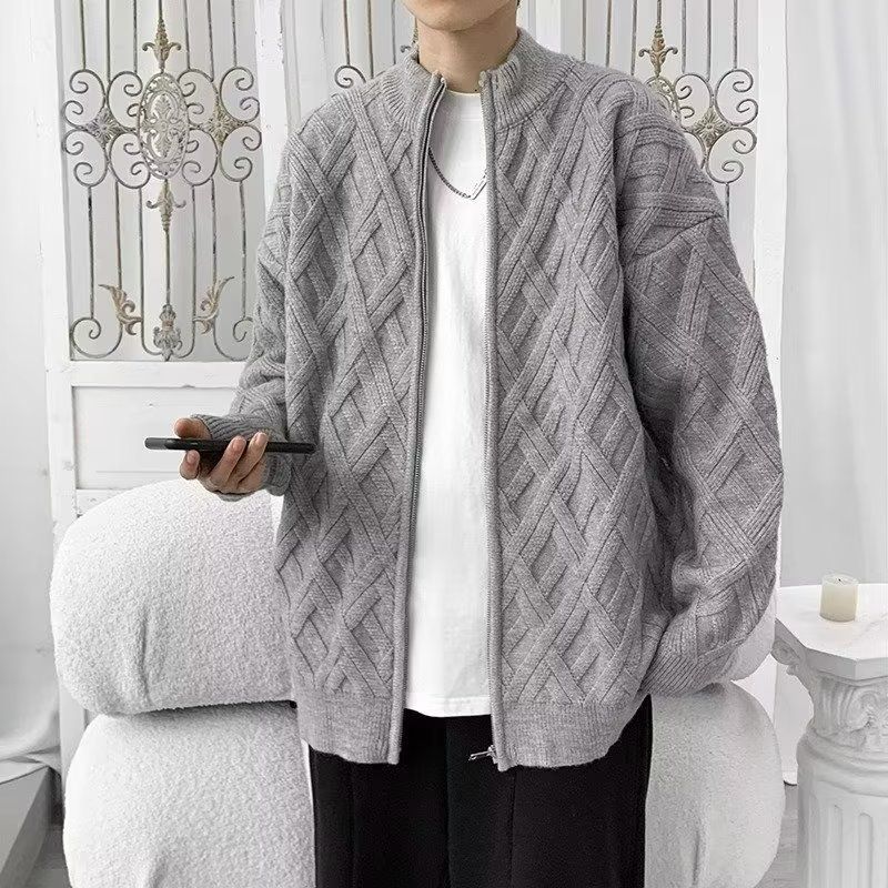 Round neck zippered cardigan for men's spring and autumn simple casual knit jacket loose versatile solid color sweater_voghion.com