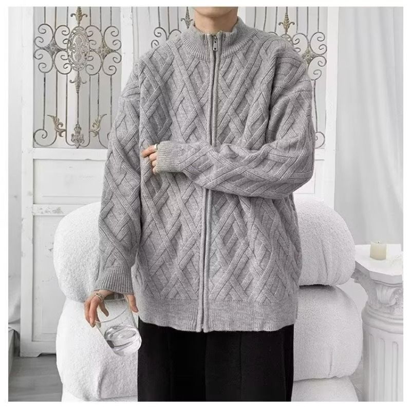Round neck zippered cardigan for men's spring and autumn simple casual knit jacket loose versatile solid color sweater_voghion.com