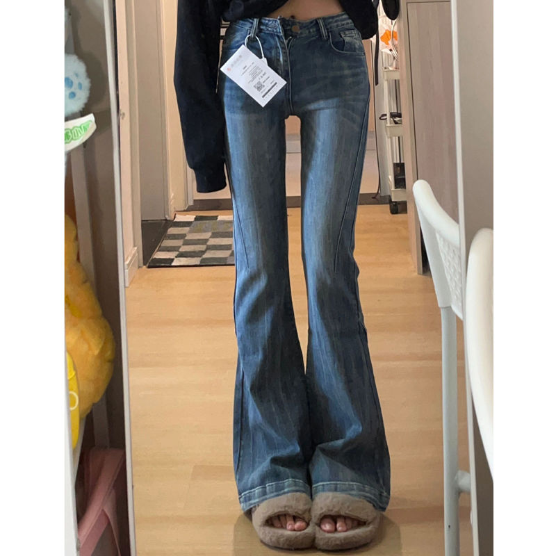 淺色做舊微喇牛仔褲女小個子復古修身喇叭褲高腰直筒褲子拖地長褲