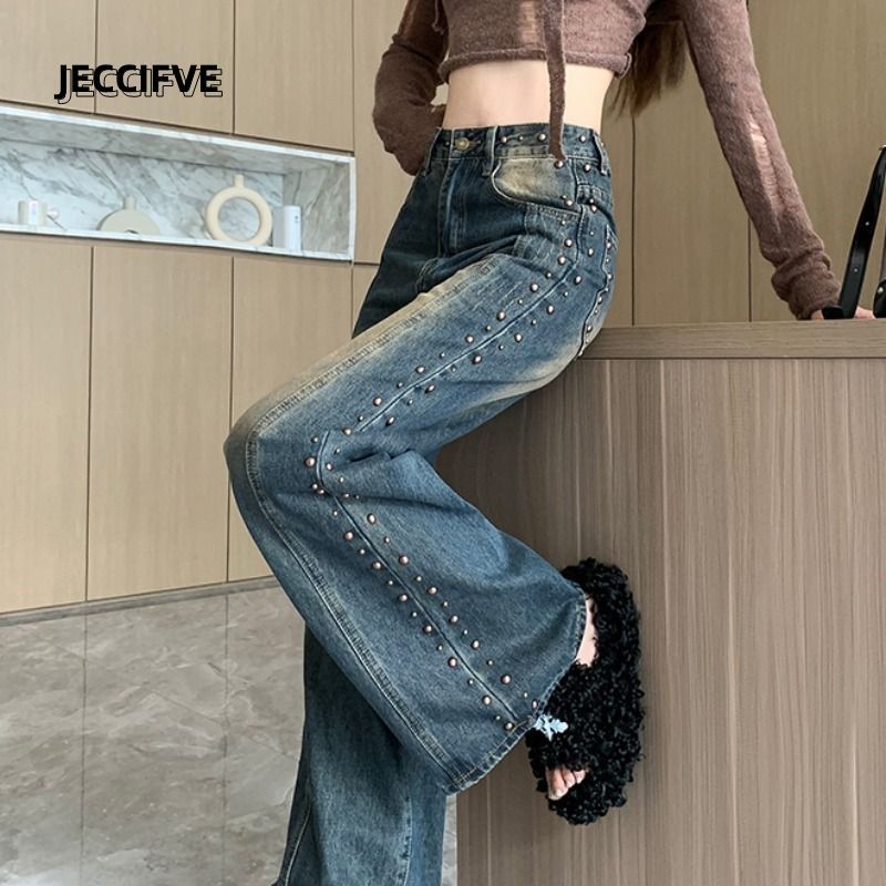 JECCIFIVE美式復古水洗鉚釘牛仔褲男女寬鬆顯瘦小眾設計感直筒褲