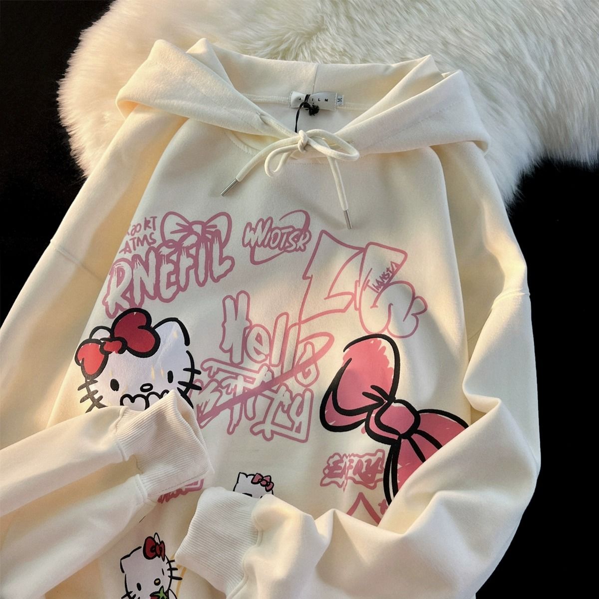 純棉美式蝴蝶結kitty貓印花連帽衛衣女秋冬季百搭學院風情侶上衣