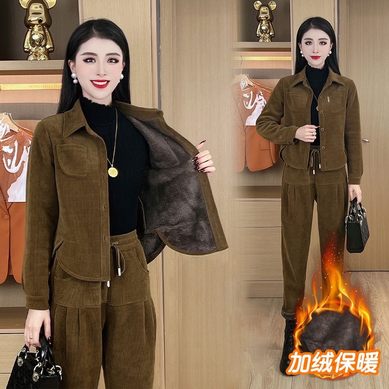 2023秋冬加絨加厚燈芯絨套裝女時尚洋氣減齡寬鬆休閒哈倫褲兩件套
