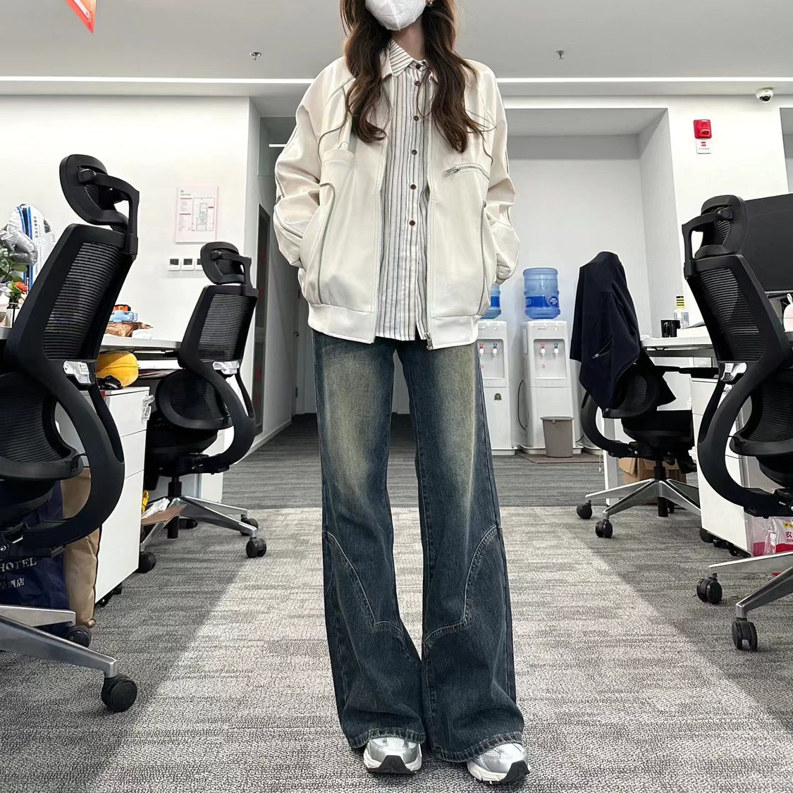 美式復古高街微喇叭牛仔褲女新款ins小個子高腰顯瘦直筒闊腿褲潮