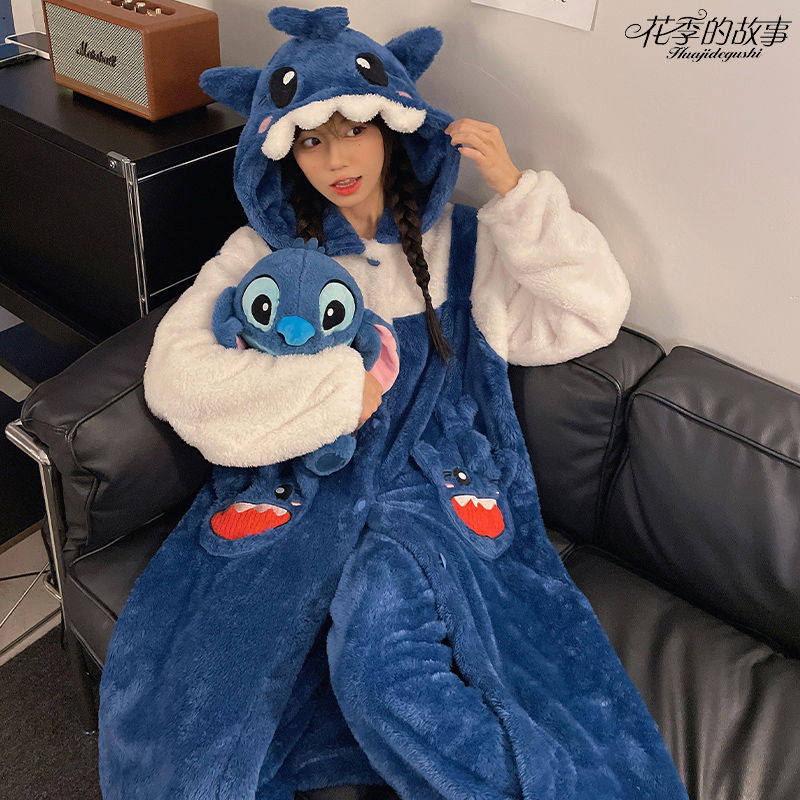 花季的故事珊瑚絨睡衣女冬季睡袍加絨加厚卡通可愛鯊魚家居服新款