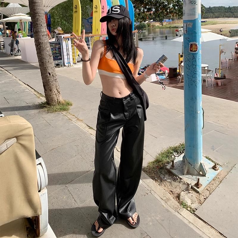 KRO黑色PU高腰辣妹皮褲女2023新款美式顯瘦百搭直筒闊腿休閒長褲