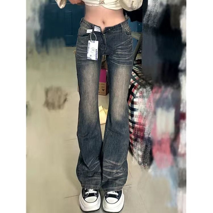 復古美式辣妹加長微喇牛仔褲女秋冬新款高腰顯瘦修身拖地喇叭褲子