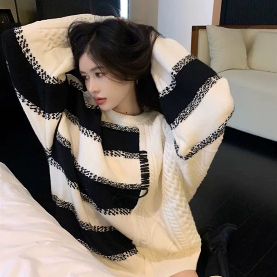 Retro lazy style striped contrast sweater women's autumn and winter new loose fashion versatile mid-length knitted top trendy