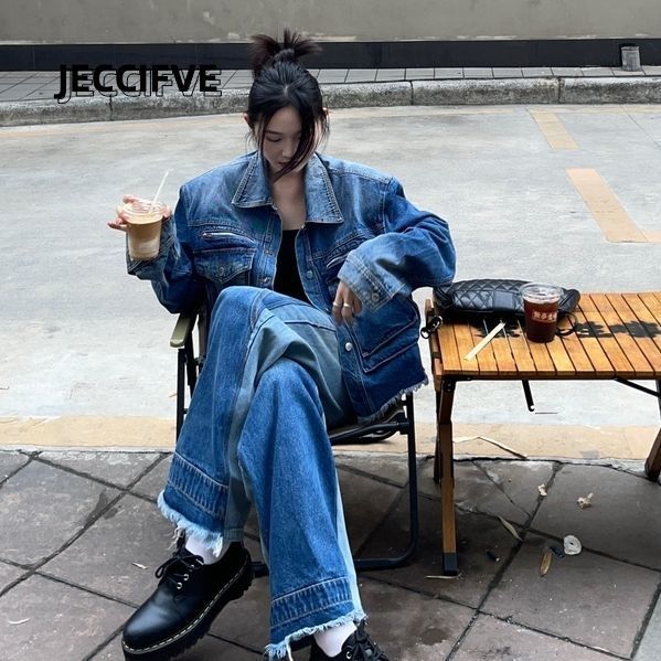 JECCIFIVE美式復古寬鬆顯瘦百搭設計感水洗做舊牛仔褲男女ins長褲