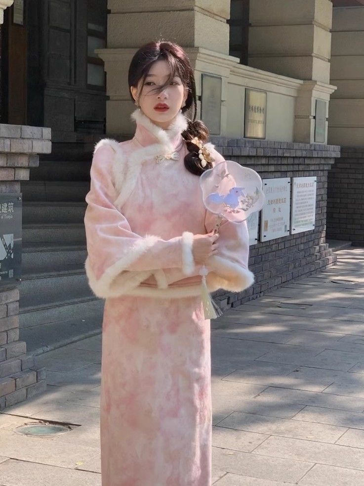Gouache New Chinese style cheongsam skirt vest suit autumn and winter new retro rich family's national style gentle women's suit