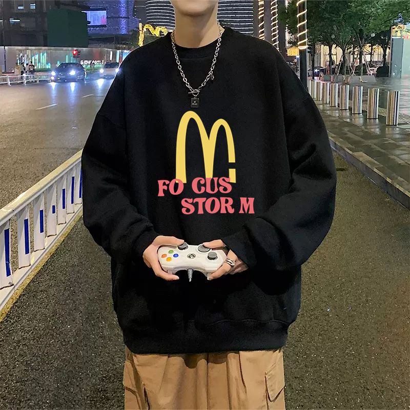 美式長袖薄款衛衣男春秋季寬鬆百搭高街字母印花加絨無帽圓領外套