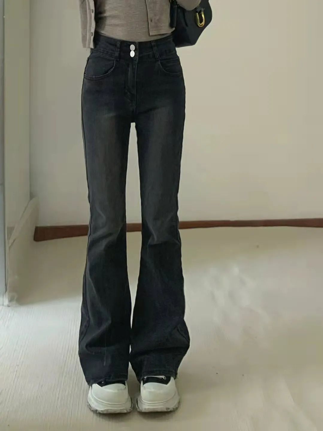 Smoke Gray High Waist Jeans Women's 2023 Spring and Autumn New High Street Versatile Slim Slim Micro Flared Long Pants