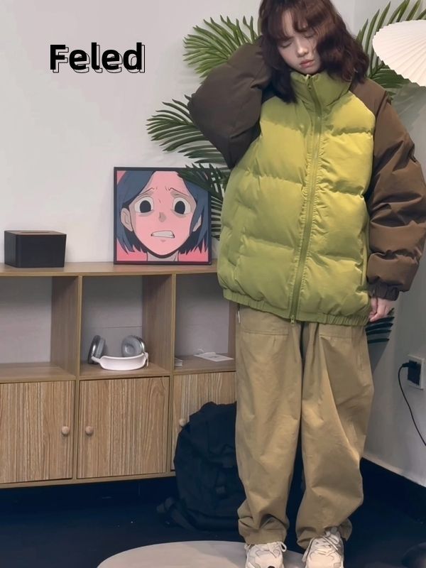 飛拉丹頓復古插肩袖撞色小眾棉衣外套男女寬鬆保暖慵懶風氣質棉服