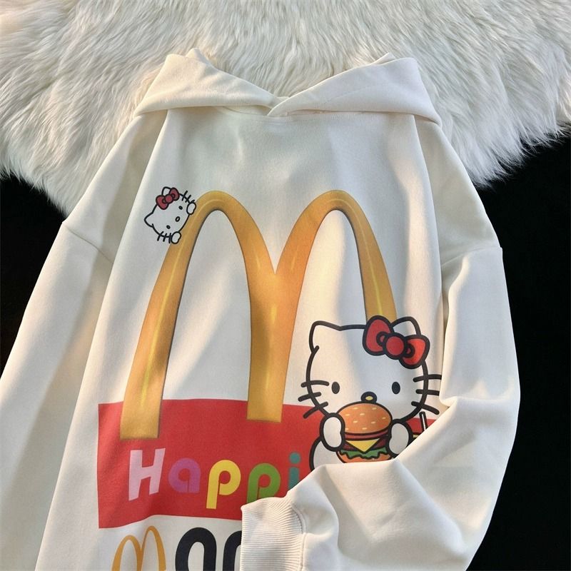 美式復古麥當勞kitty貓咪連帽衛衣女秋冬季寬鬆慵懶風情侶裝外套
