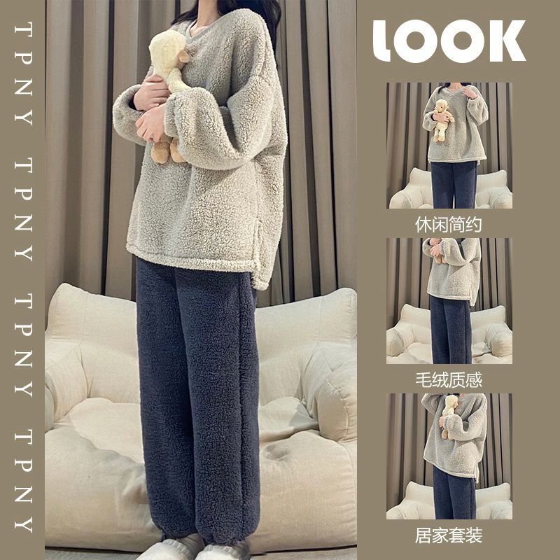 珊瑚絨睡衣女冬季ins簡約純色2023新款加厚保暖家居服套裝可外穿