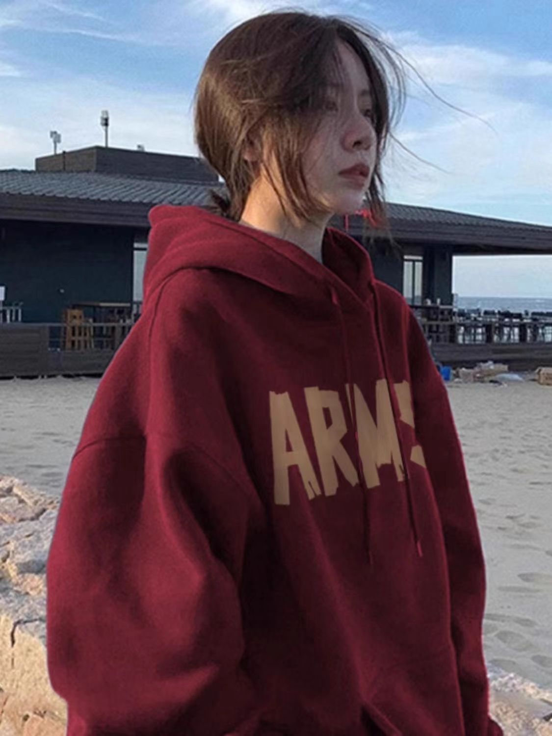 美式復古酒紅色連帽衛衣女春秋冬季新款爆款加絨加厚oversize外套