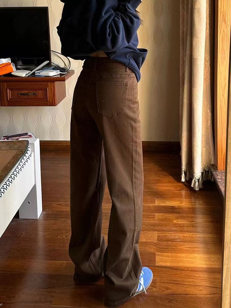 美拉德復古咖啡色高腰牛仔褲女秋冬ins新款寬鬆顯瘦直筒拖地長褲
