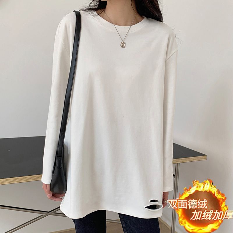 加厚雙面徳絨圓領白色打底衫女加絨秋冬磨毛內搭純色寬鬆破洞T恤