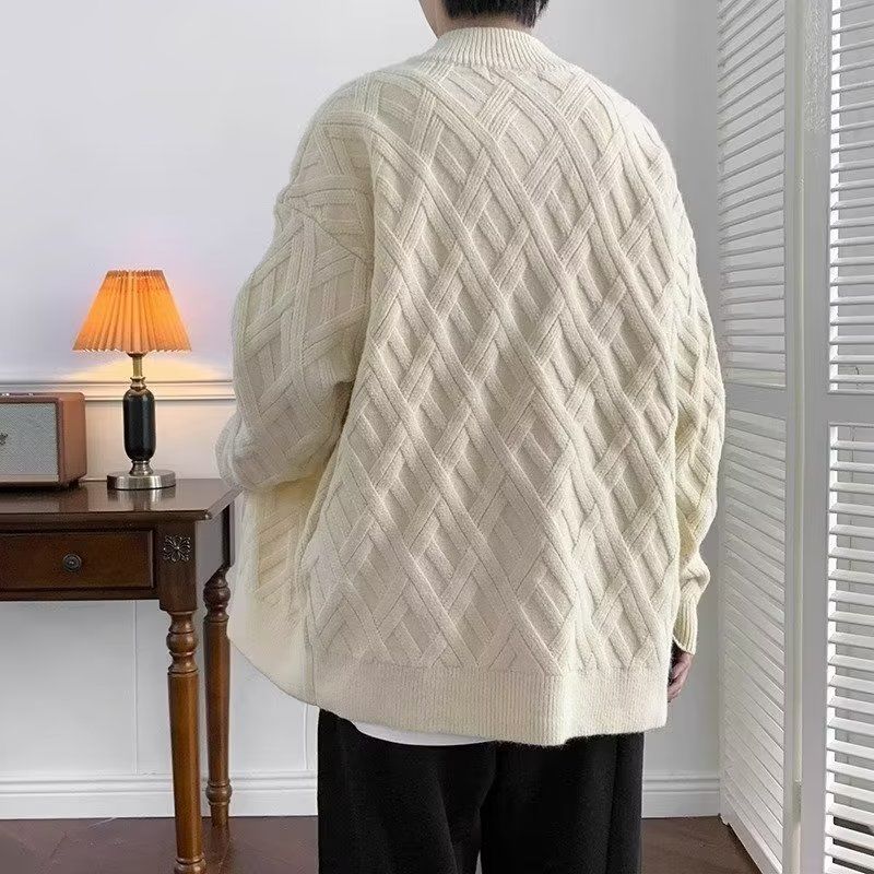 Round neck zippered cardigan for men's spring and autumn simple casual knit jacket loose versatile solid color sweater_voghion.com