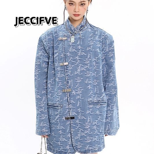 JECCIFIVE新中式設計感文字國風中長款牛仔外套男女寬鬆顯瘦上衣