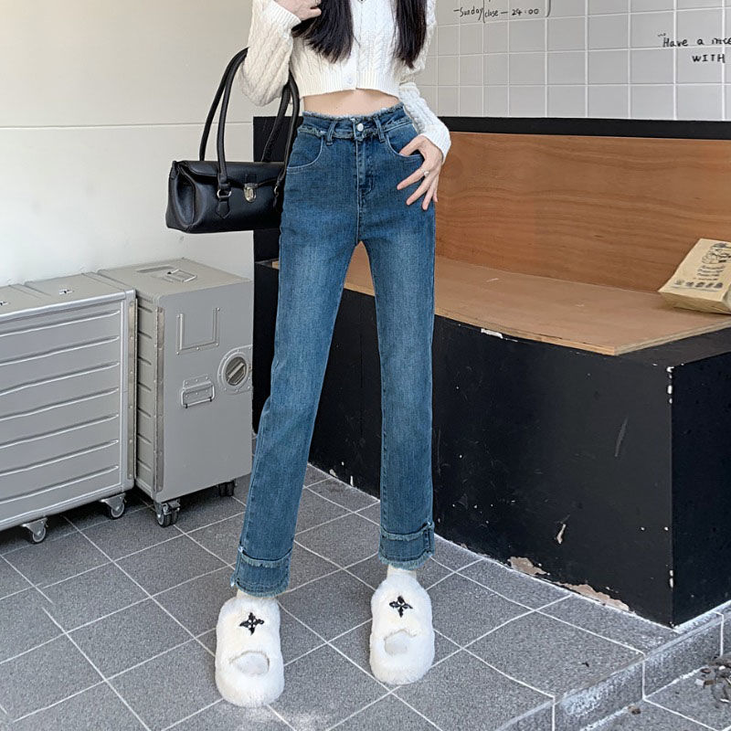 高腰顯高煙管褲外穿2023年復古新款毛邊設計直筒牛仔褲女顯瘦九分